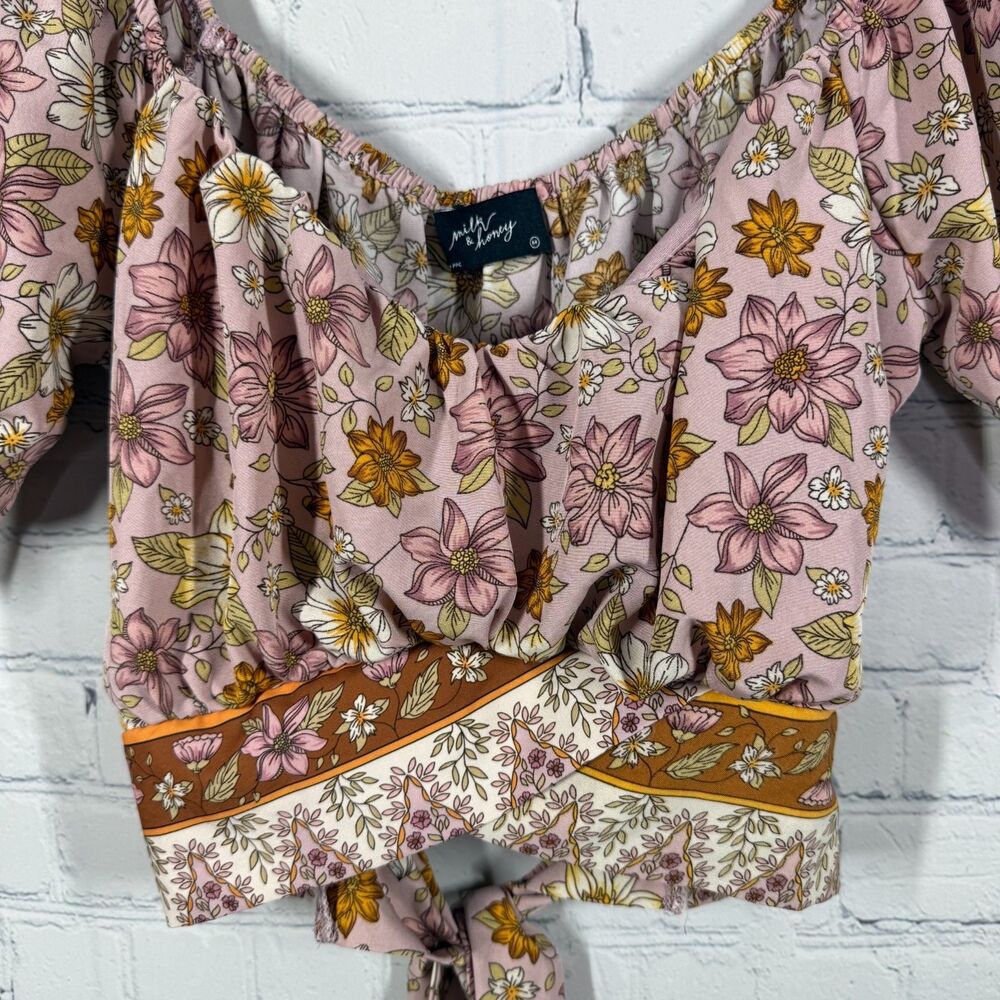 Milk & Honey Crop Tie Blouse Women Medium Floral Bohemian Cottage Top - Picture 8 of 8